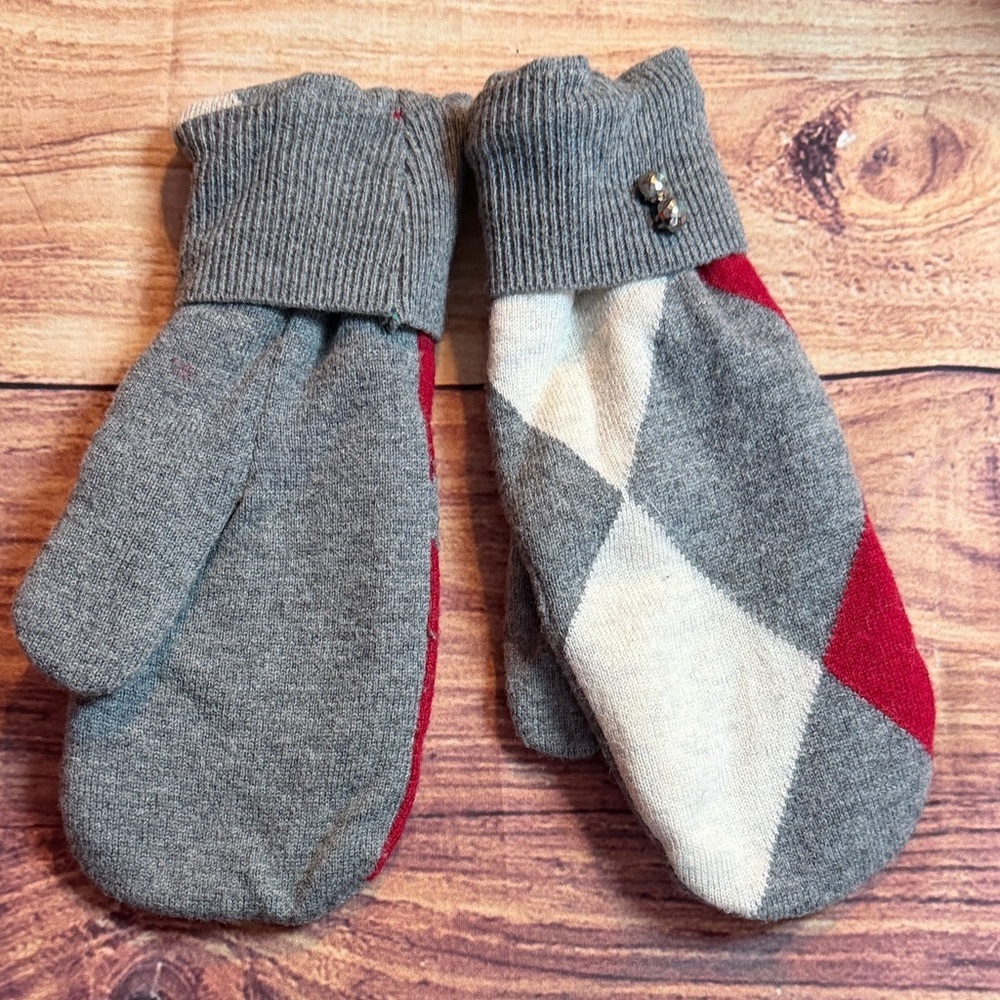 Homemade Gray and Red Argyle Sweater Mittens